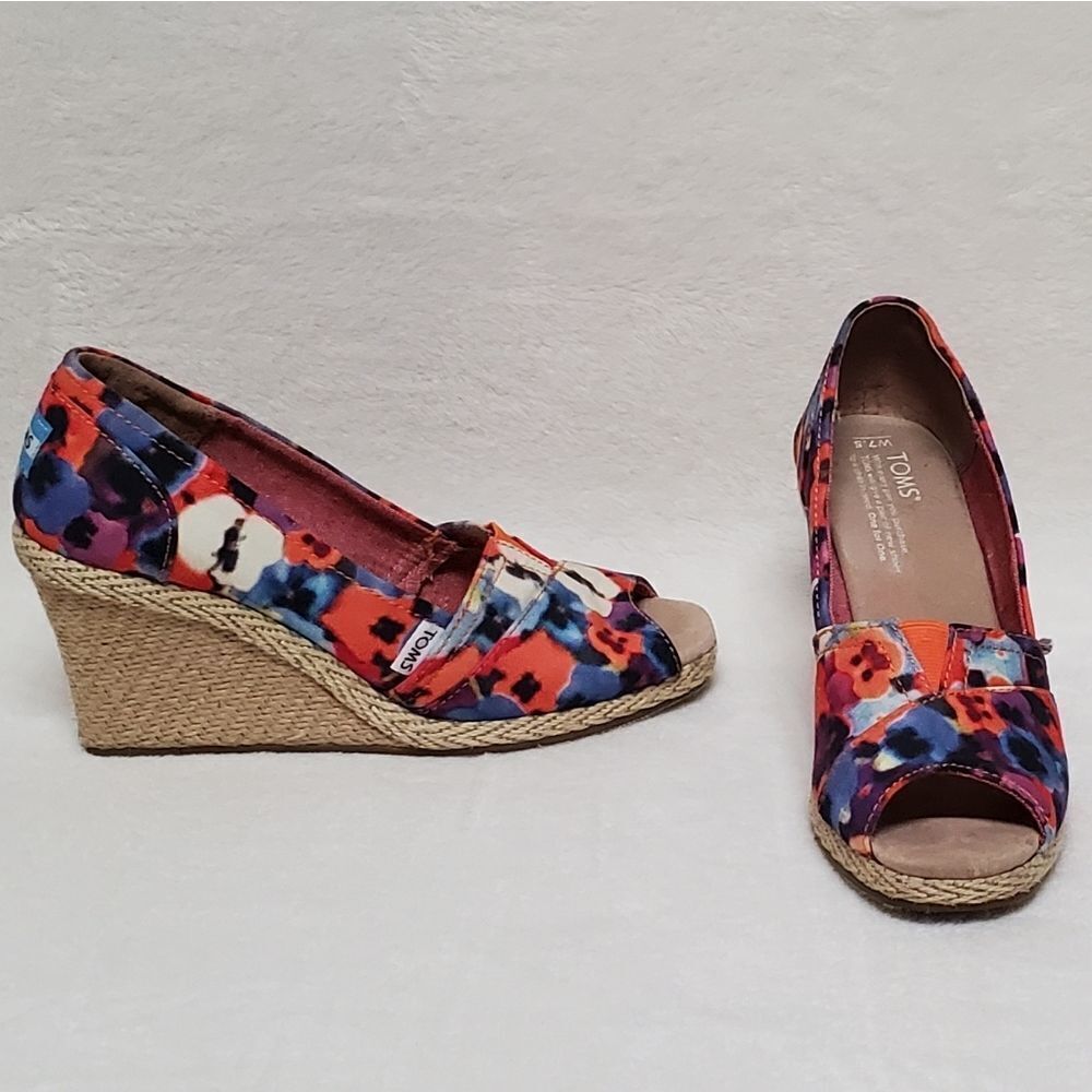 𝅺TOMS Oahu Espadrille Wedge Multi-color Floral Peep-toe Sandal High Heel 7.5